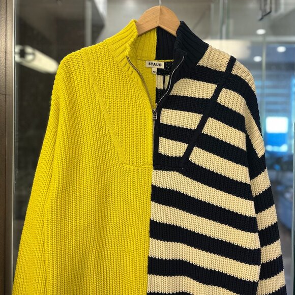 STAUD Hampton Oversized Chunky-Knit Striped Color-Block Sweater (Chartreuse) - Picture 11 of 16